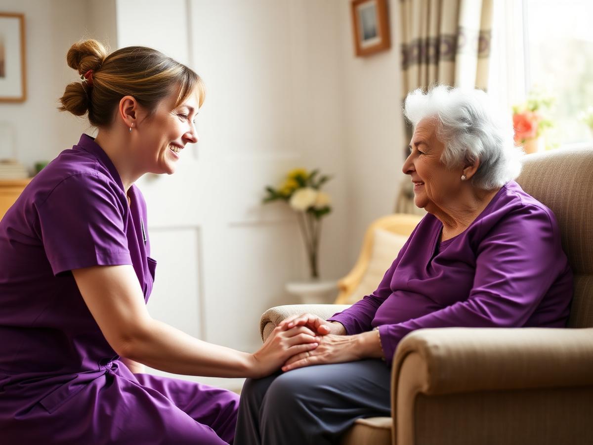 Carer kneeling and chatting warmly with an elderly client